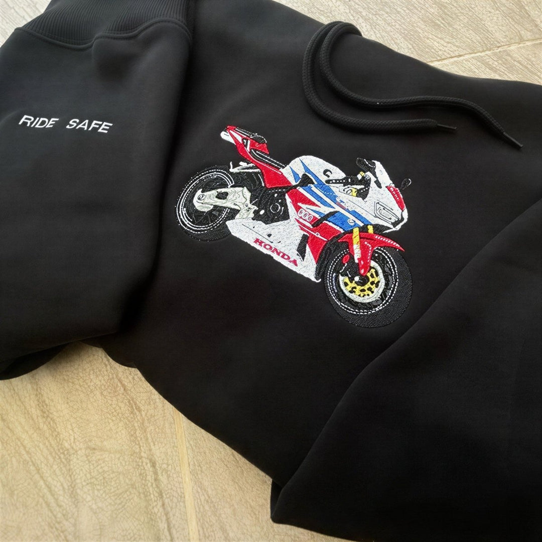 Custom Motorcycle Embroidered Hoodie – Front or Back Design Biker Hoodie 🏍️🧵 - Canvasgiftco