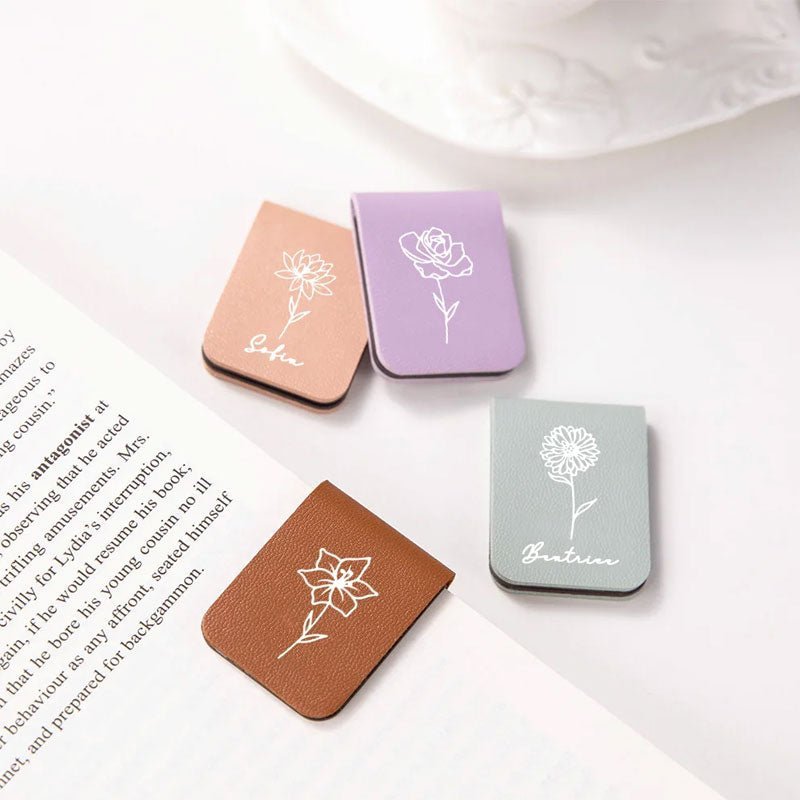 Custom Personalized Magnetic Leather Bookmark - With Name and Birthday Flowers - Canvasgiftco