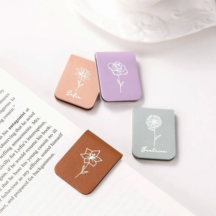 Custom Personalized Magnetic Leather Bookmark - With Name and Birthday Flowers - Canvasgiftco