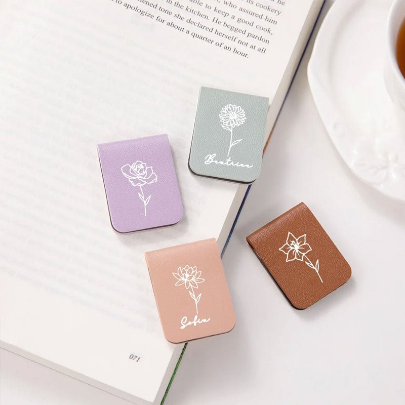 Custom Personalized Magnetic Leather Bookmark - With Name and Birthday Flowers - Canvasgiftco