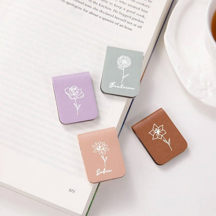Custom Personalized Magnetic Leather Bookmark - With Name and Birthday Flowers - Canvasgiftco