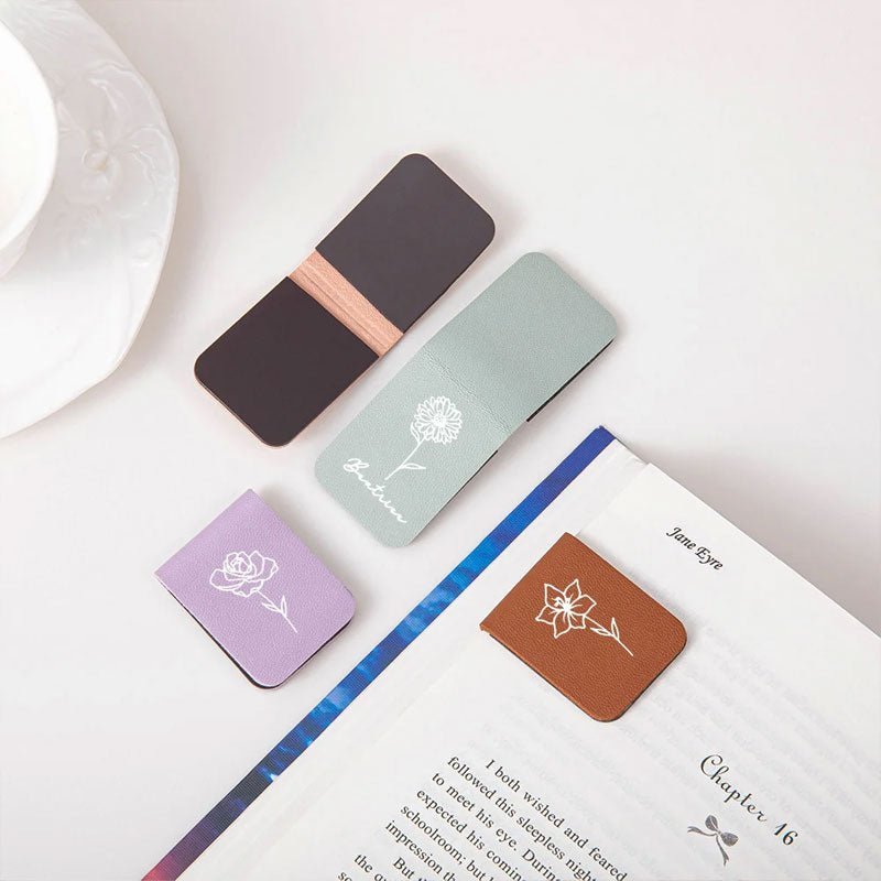 Custom Personalized Magnetic Leather Bookmark - With Name and Birthday Flowers - Canvasgiftco