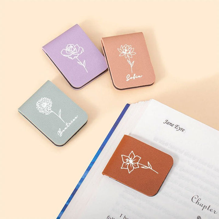 Custom Personalized Magnetic Leather Bookmark - With Name and Birthday Flowers - Canvasgiftco
