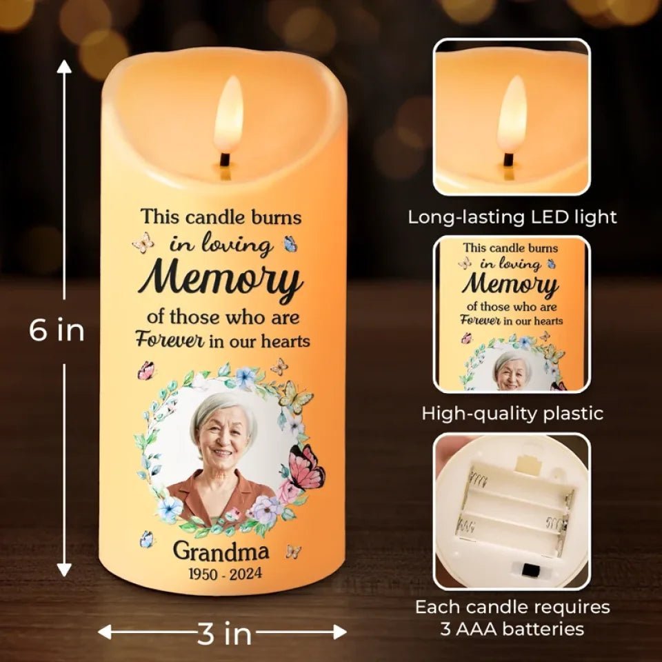 Custom photo this candle burns in loving memory - Memorial Personalized Custom LED Candle - Sympathy Gift for Family - Canvasgiftco