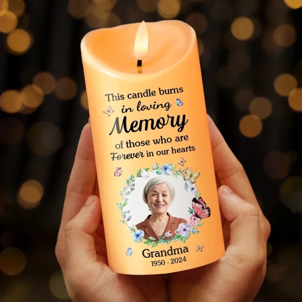 Custom photo this candle burns in loving memory - Memorial Personalized Custom LED Candle - Sympathy Gift for Family - Canvasgiftco