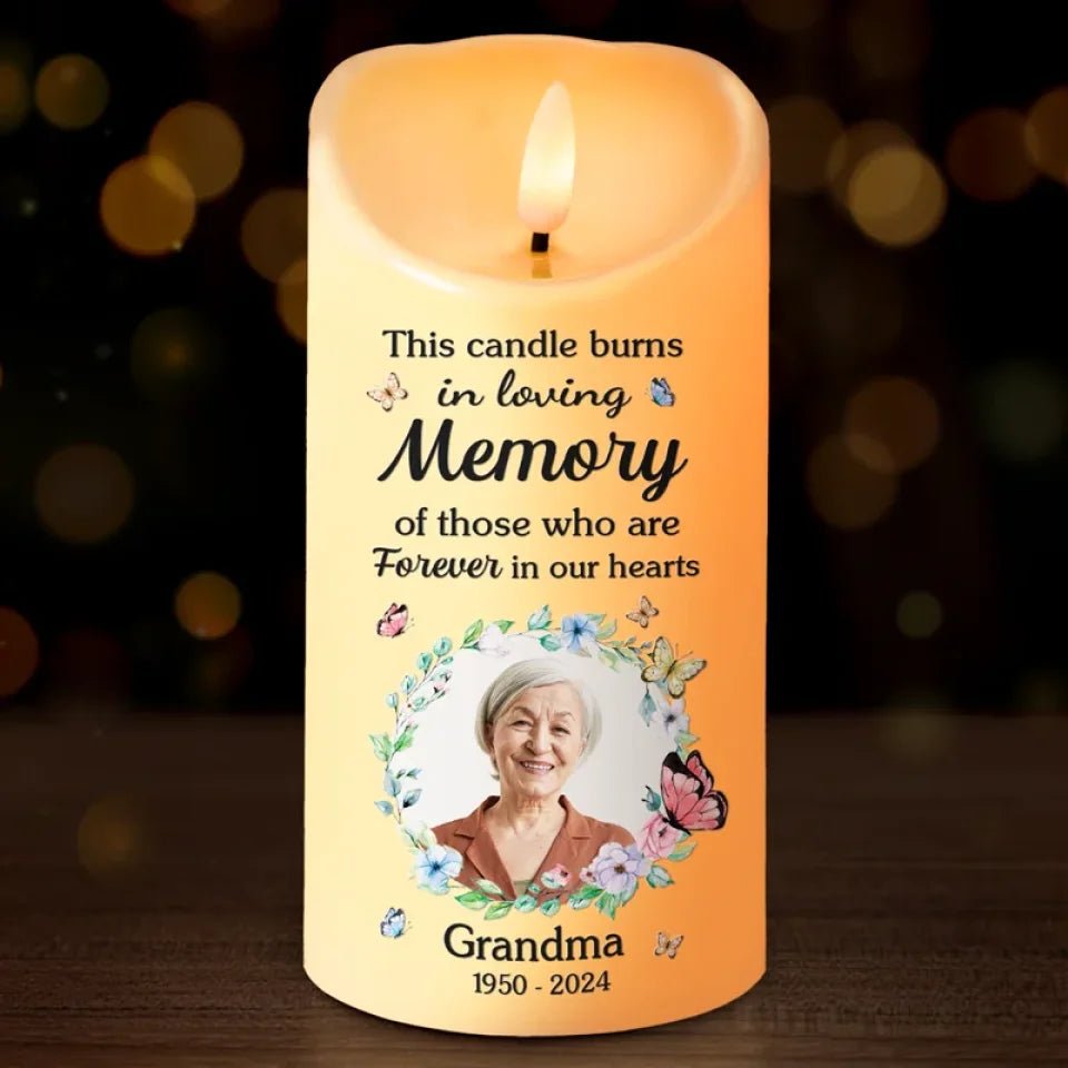 Custom photo this candle burns in loving memory - Memorial Personalized Custom LED Candle - Sympathy Gift for Family - Canvasgiftco