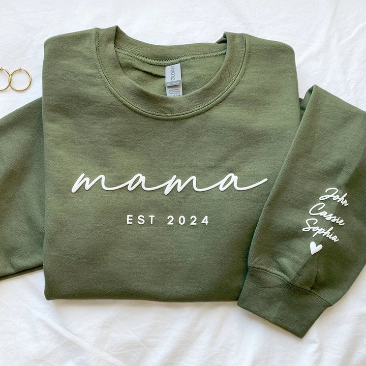 Custom Puff Print Sweatshirt Est Year with Kids Names on Sleeve - Canvasgiftco