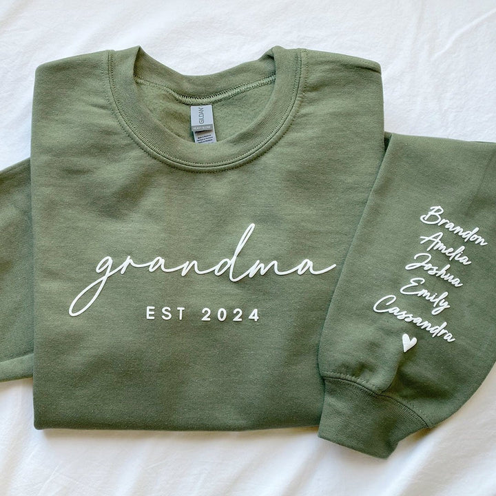 Custom Puff Print Sweatshirt Est Year with Kids Names on Sleeve - Canvasgiftco