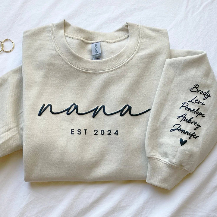 Custom Puff Print Sweatshirt Est Year with Kids Names on Sleeve - Canvasgiftco