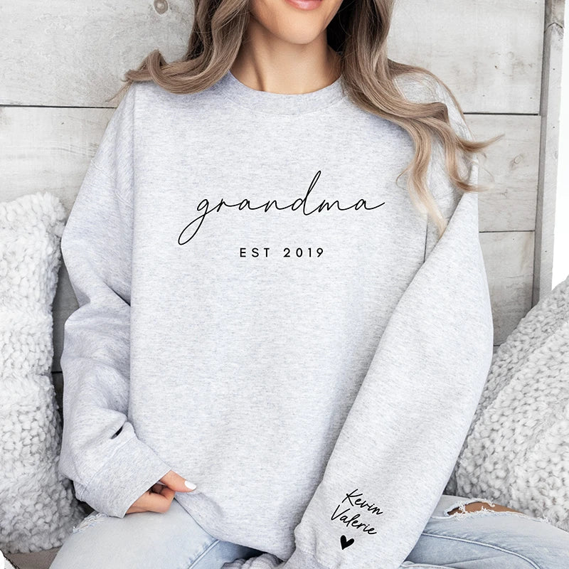 Custom Puff Print Sweatshirt Est Year with Kids Names on Sleeve - Canvasgiftco