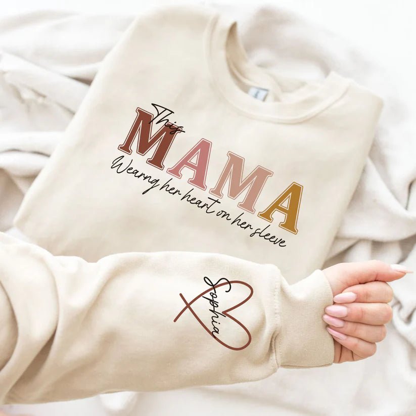 Custom This Mama Wears Her Heart On Her Sleeve Sweatshirt - Canvasgiftco