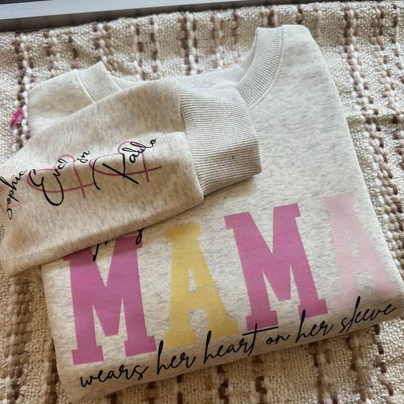 Custom This Mama Wears Her Heart On Her Sleeve Sweatshirt - Canvasgiftco