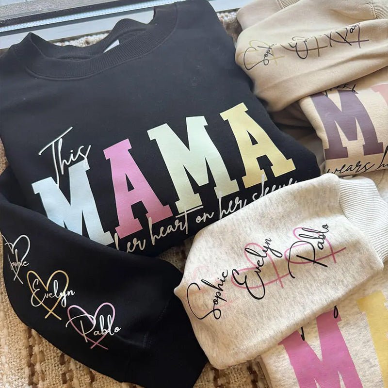 Custom This Mama Wears Her Heart On Her Sleeve Sweatshirt - Canvasgiftco