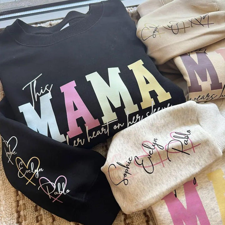 Custom This Mama Wears Her Heart On Her Sleeve Sweatshirt - Canvasgiftco