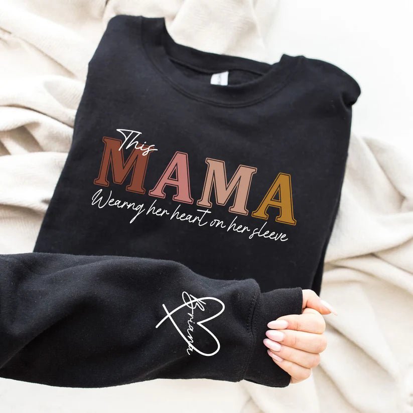 Custom This Mama Wears Her Heart On Her Sleeve Sweatshirt - Canvasgiftco