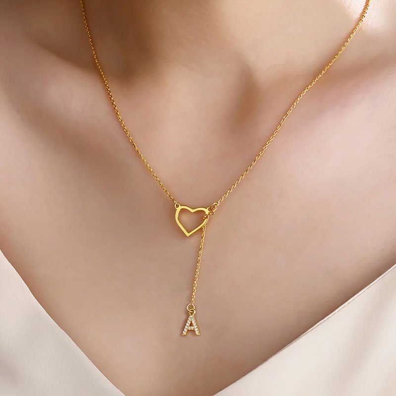 Customized Personalized Heart Lasso Necklace-Inlaid Zirconia Letters - Canvasgiftco
