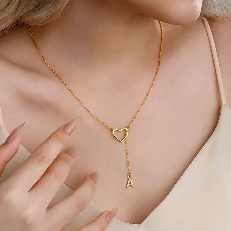 Customized Personalized Heart Lasso Necklace-Inlaid Zirconia Letters - Canvasgiftco
