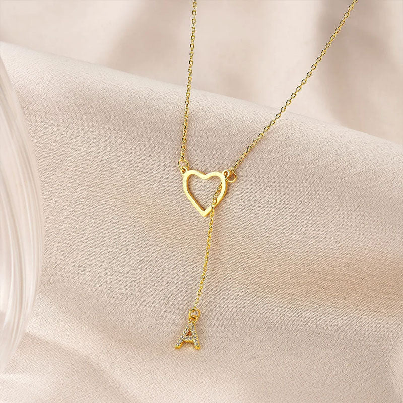 Customized Personalized Heart Lasso Necklace - Inlaid Zirconia Letters - Canvasgiftco