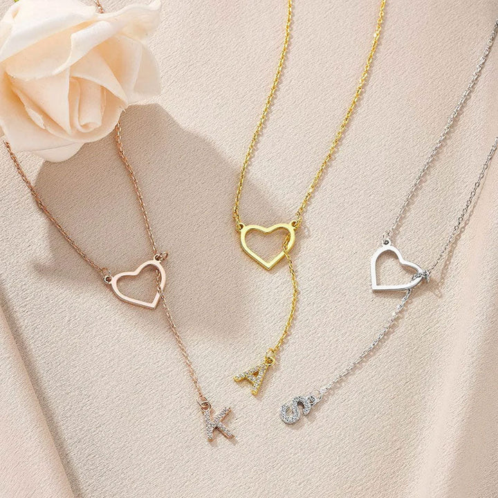 Customized Personalized Heart Lasso Necklace - Inlaid Zirconia Letters - Canvasgiftco