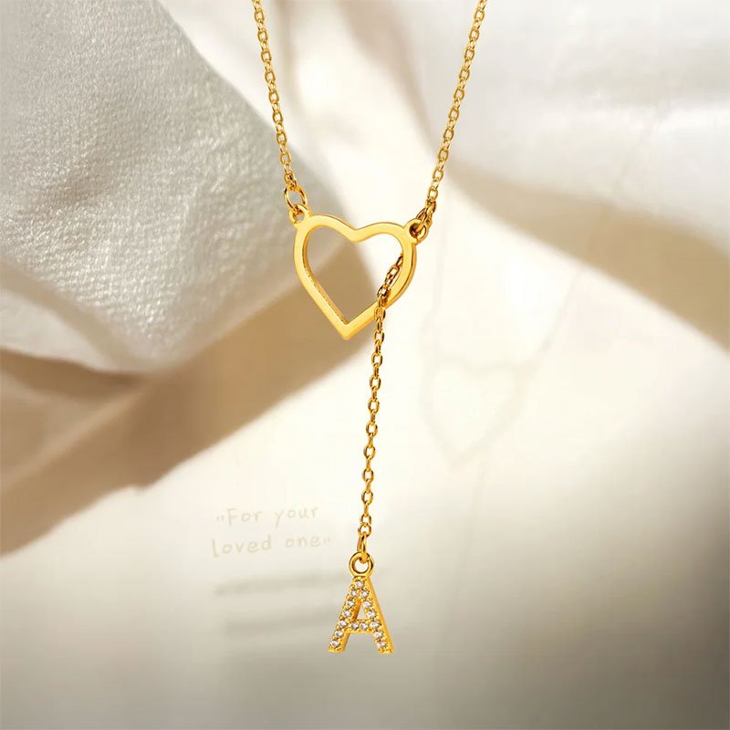 Customized Personalized Heart Lasso Necklace - Inlaid Zirconia Letters - Canvasgiftco