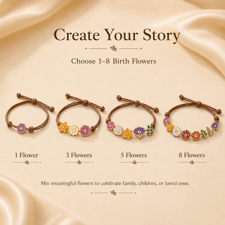 Personalized Birth Flower Bracelet for Mom – Custom Family Flower Bracelet with 1–8 Flowers