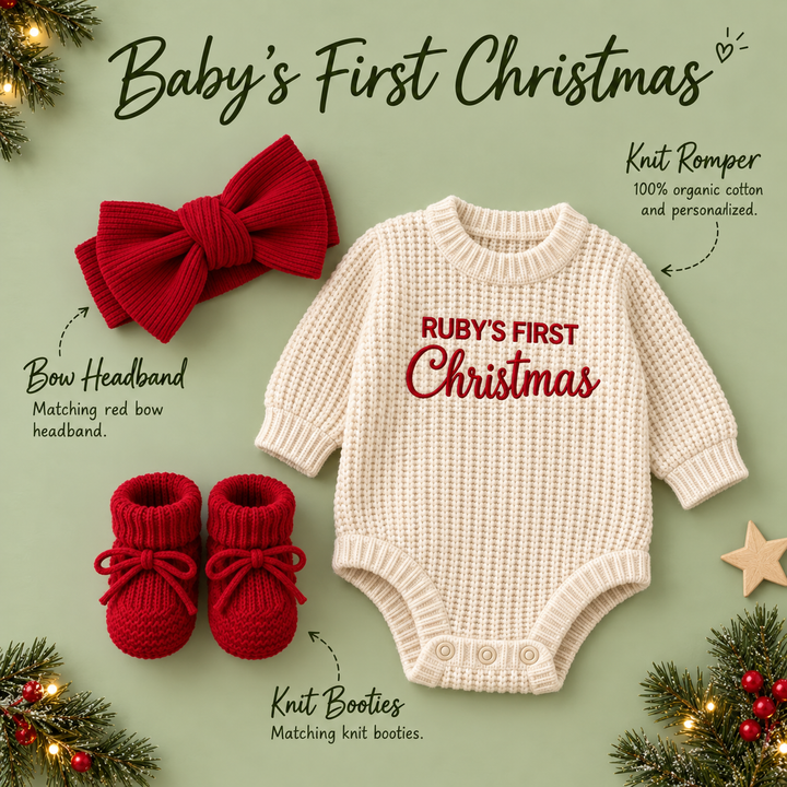 Personalized Baby’s First Christmas Organic Cotton Knit Romper Set