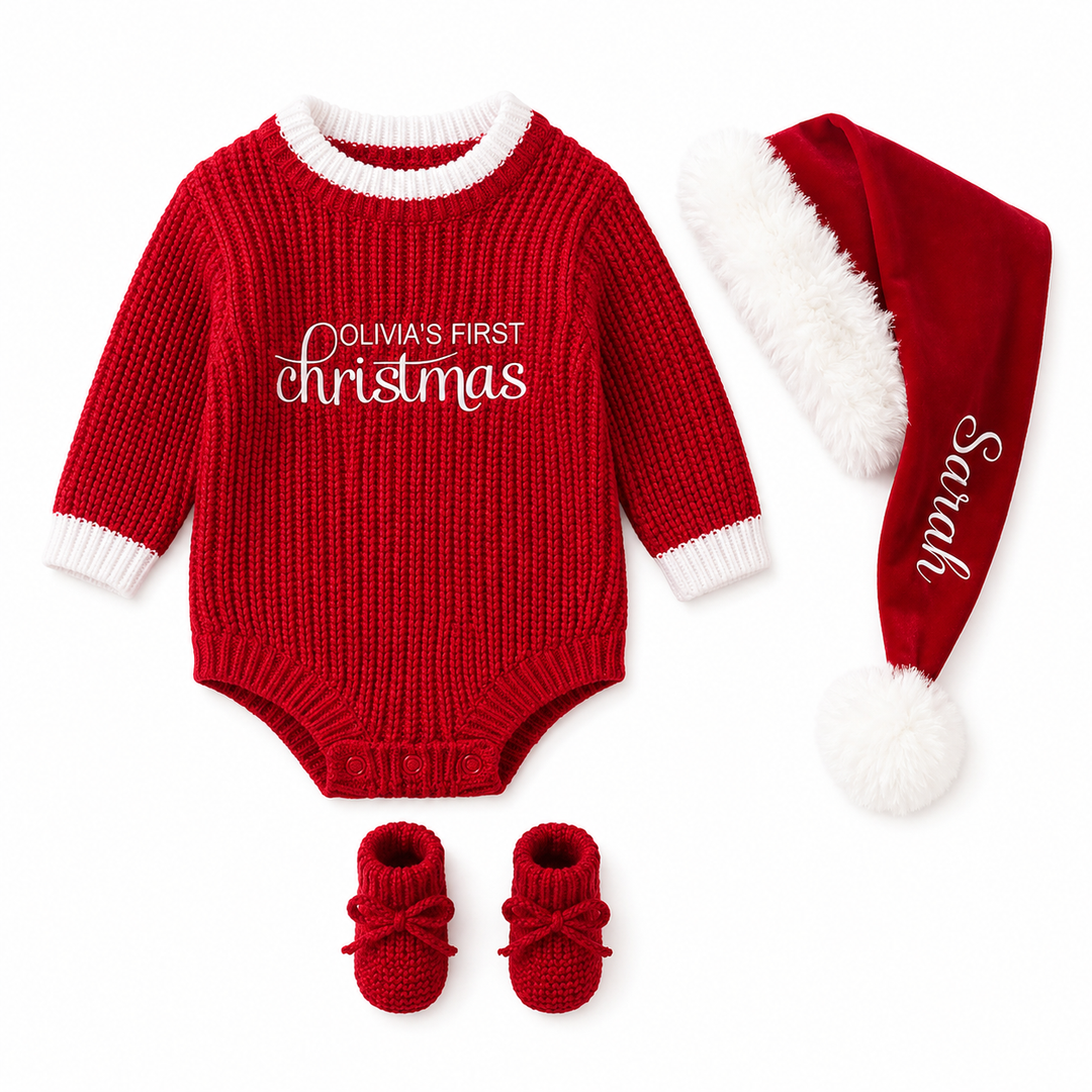 Romper + Knitted Booties + Personalized Santa Hat