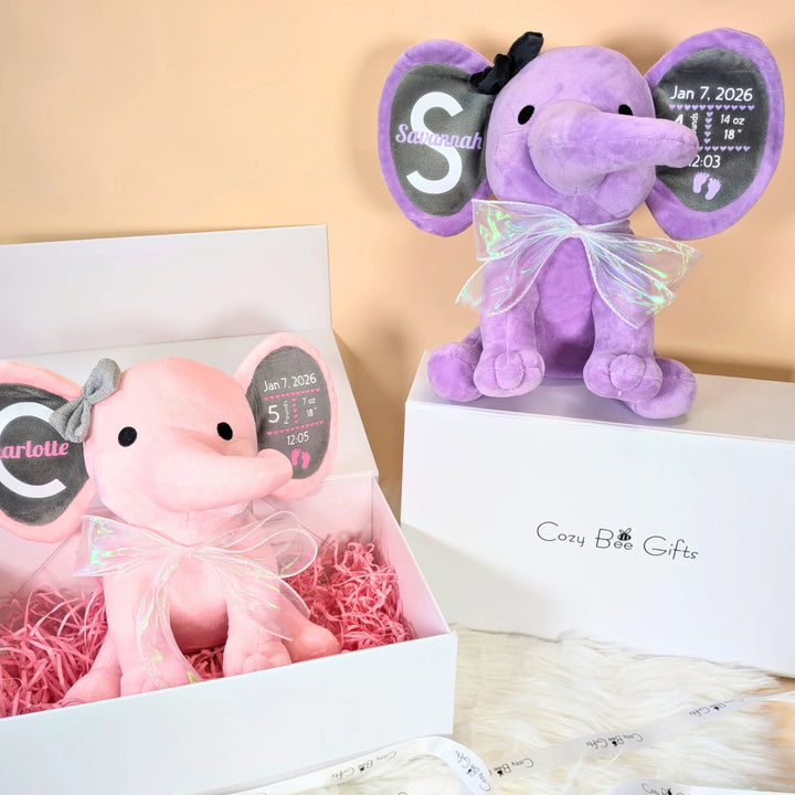 Personalized Baby Elephant Plush – Custom Newborn Birth Details Keepsake Gift