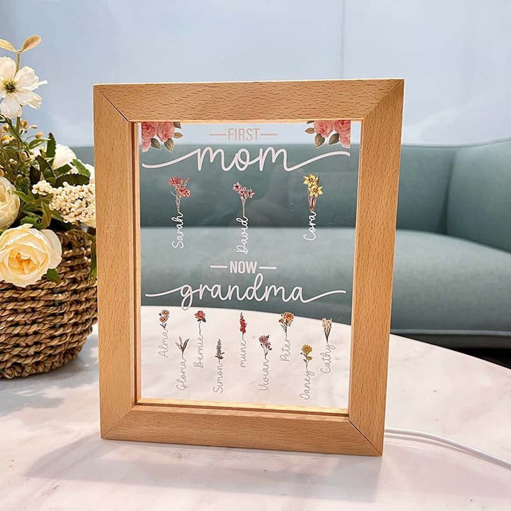 First Mom Now Grandma | Personalized Birth Flower Light Up Frame - Canvasgiftco