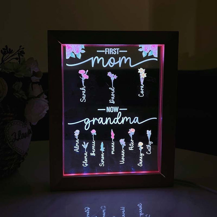 First Mom Now Grandma | Personalized Birth Flower Light Up Frame - Canvasgiftco