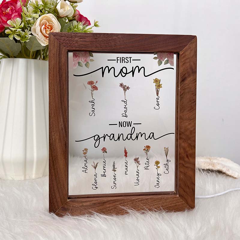 First Mom Now Grandma | Personalized Birth Flower Light Up Frame - Canvasgiftco