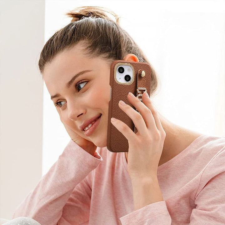 For iPhone - Personalized Genuine Leather Lychee Pattern Metal Letter Phone Case - Canvasgiftco