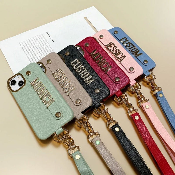 For iPhone - Personalized Genuine Leather Lychee Pattern Metal Letter Phone Case - Canvasgiftco