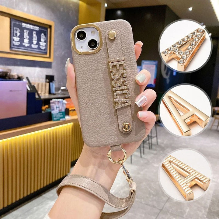 For iPhone - Personalized Genuine Leather Lychee Pattern Metal Letter Phone Case - Canvasgiftco