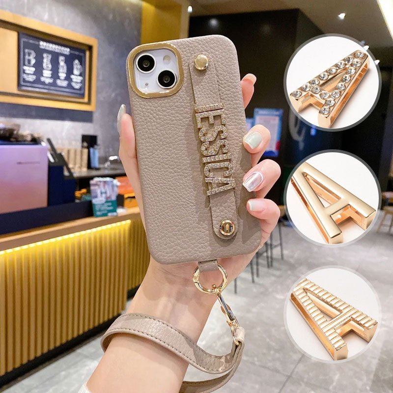 For iPhone - Personalized Genuine Leather Lychee Pattern Metal Letter Phone Case - Canvasgiftco