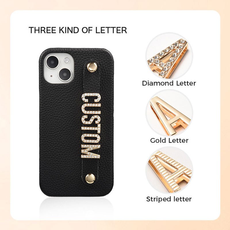 For iPhone - Personalized Genuine Leather Lychee Pattern Metal Name Phone Case - Canvasgiftco