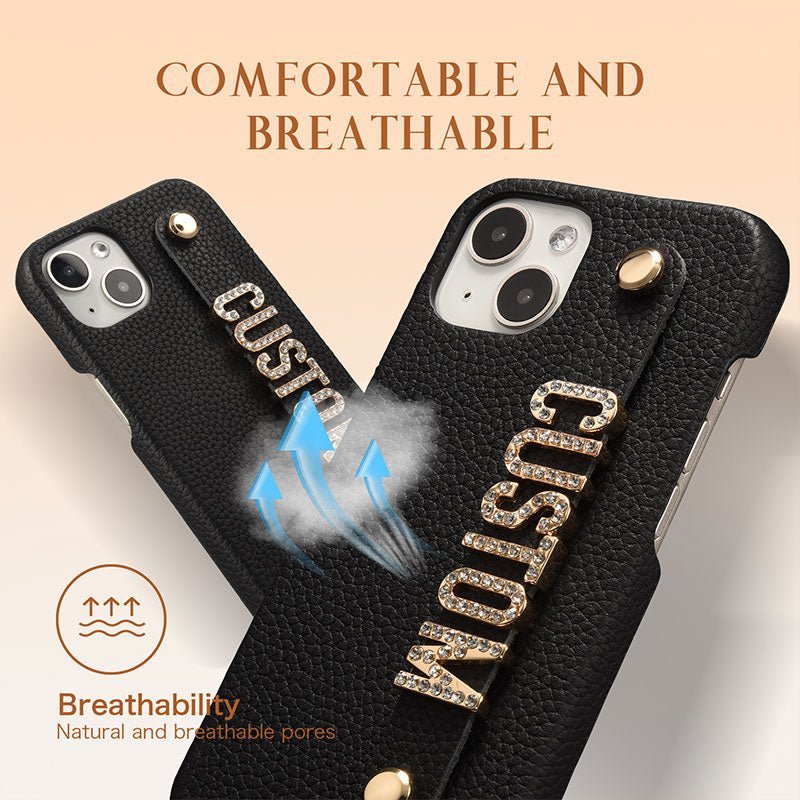 For iPhone - Personalized Genuine Leather Lychee Pattern Metal Name Phone Case - Canvasgiftco