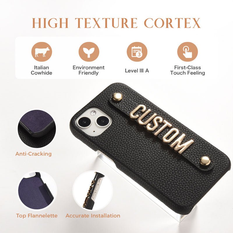 For iPhone - Personalized Genuine Leather Lychee Pattern Metal Name Phone Case - Canvasgiftco