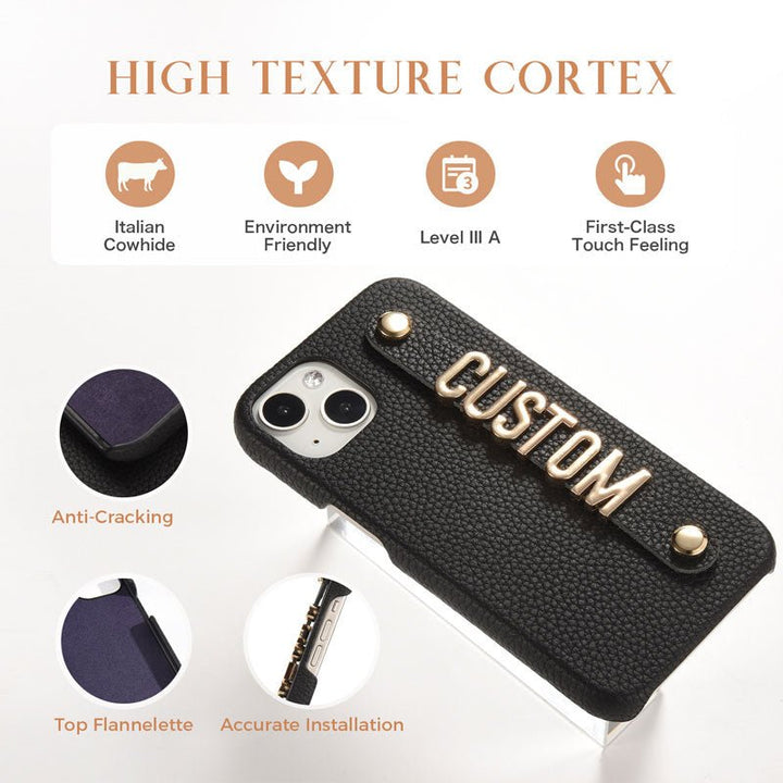 For iPhone - Personalized Genuine Leather Lychee Pattern Metal Name Phone Case - Canvasgiftco