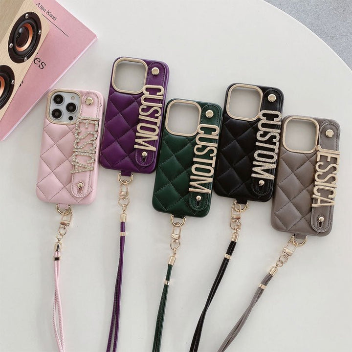 For iPhone - Personalized Letter Rhombus Bread Leather Lanyard Phone Case - Canvasgiftco