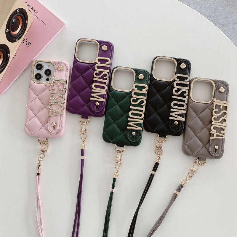For iPhone - Personalized Letter Rhombus Bread Leather Lanyard Phone Case - Canvasgiftco