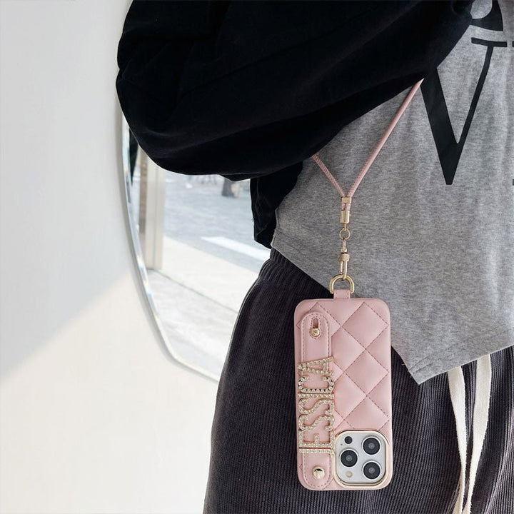 For iPhone - Personalized Letter Rhombus Bread Leather Lanyard Phone Case - Canvasgiftco