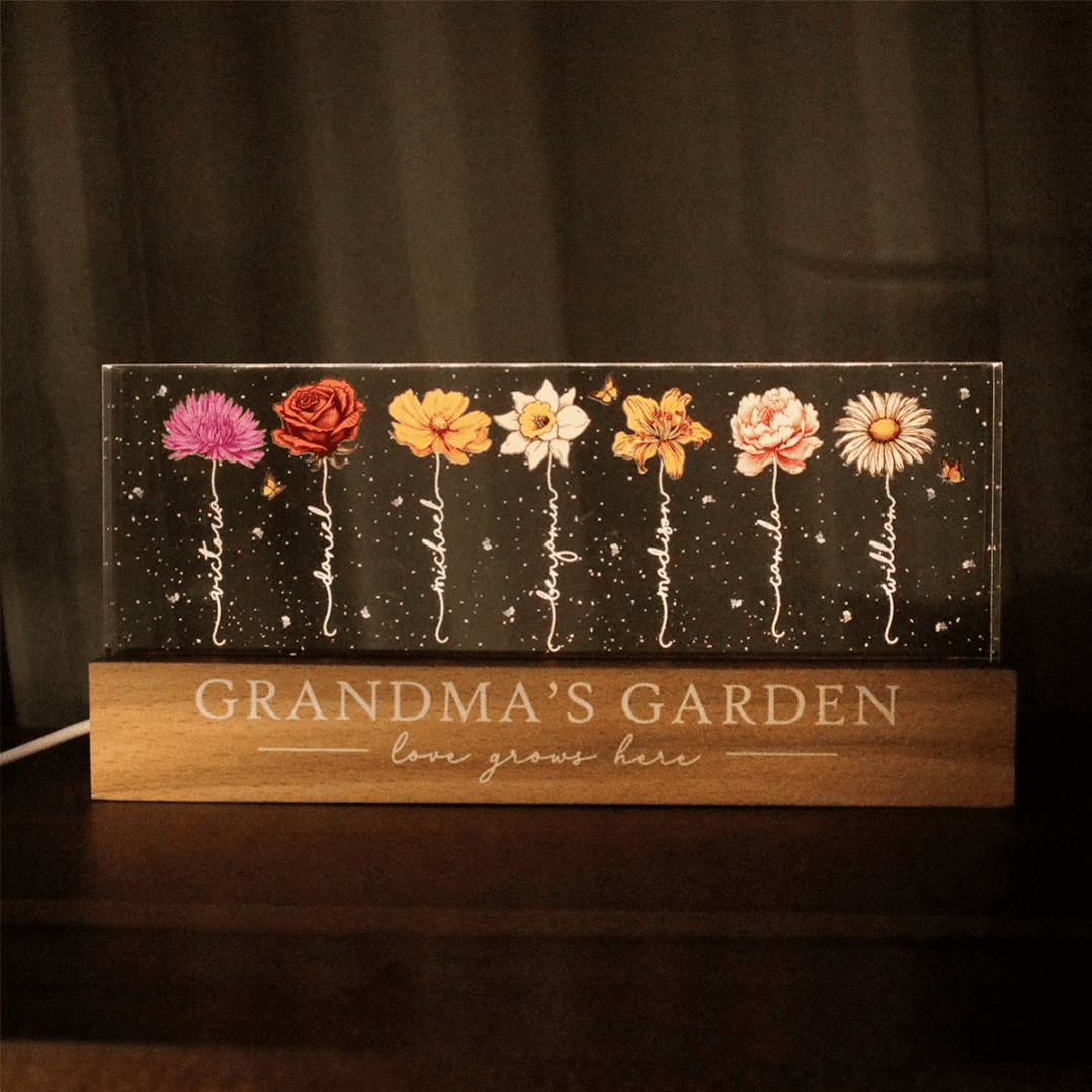 Grandma‘s Garden Birth Month Flower Personalized LED Night Light, Gift For Grandma Mom - Canvasgiftco