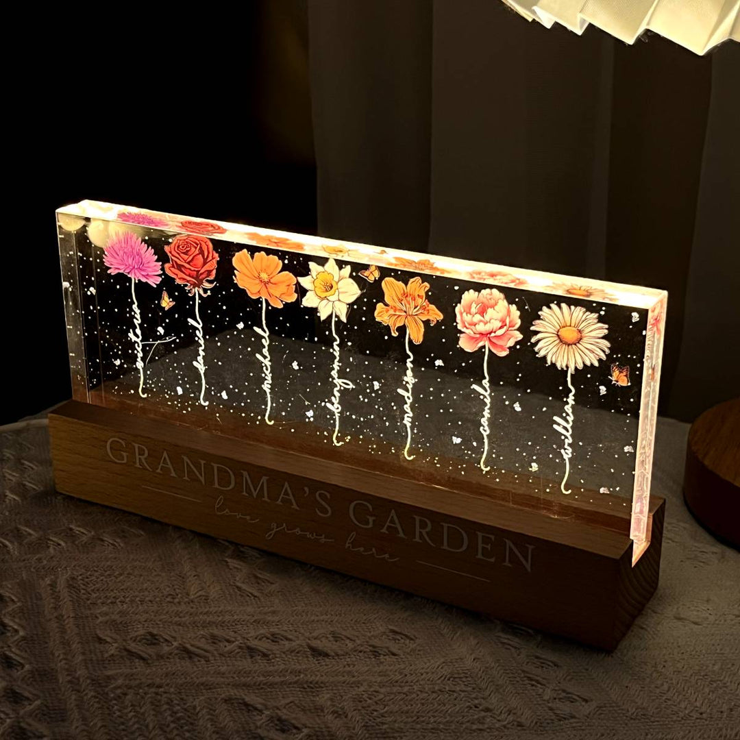 Grandma‘s Garden Birth Month Flower Personalized LED Night Light, Gift For Grandma Mom - Canvasgiftco