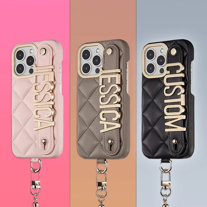 For iPhone - Personalized Letter Rhombus Bread Leather Lanyard Phone Case