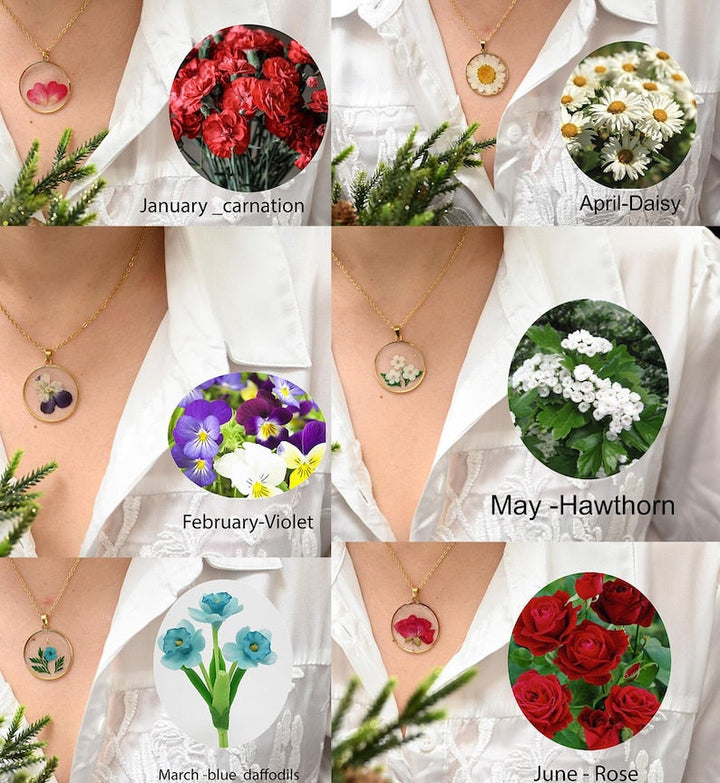 Personalized Birth Flower Necklace Real Dried Flower Necklace - Birthday Gift or Mother's Day Gift for Mom/Wife