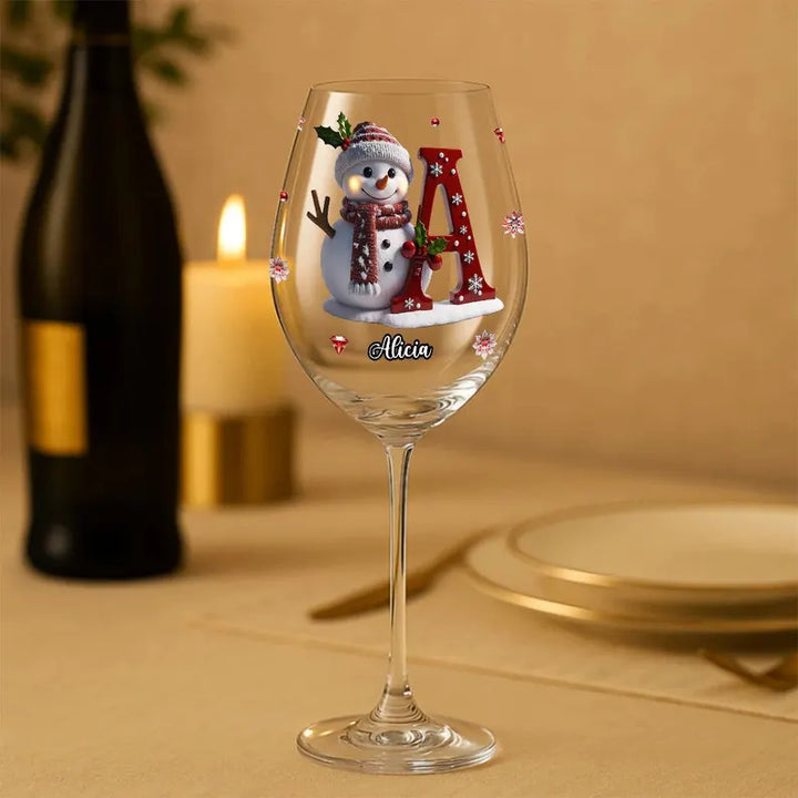 Engraved Snowman Christmas Wine Glass with Name