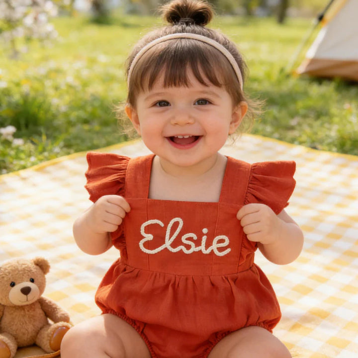 Personalized Embroidered Baby Romper – Custom Name Linen Outfit for Baby Girls
