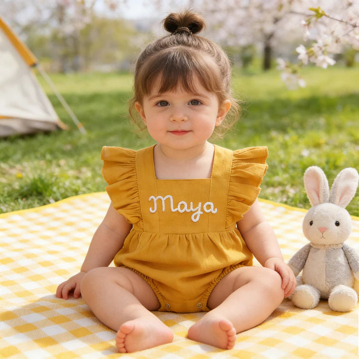 Personalized Embroidered Baby Romper – Custom Name Linen Outfit for Baby Girls