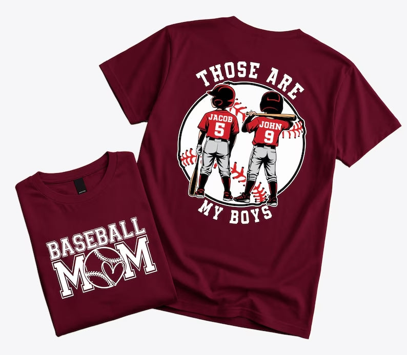 "That's My Boys" Custom Baseball Mom Shirt – Personalized with Kids' Names & Numbers